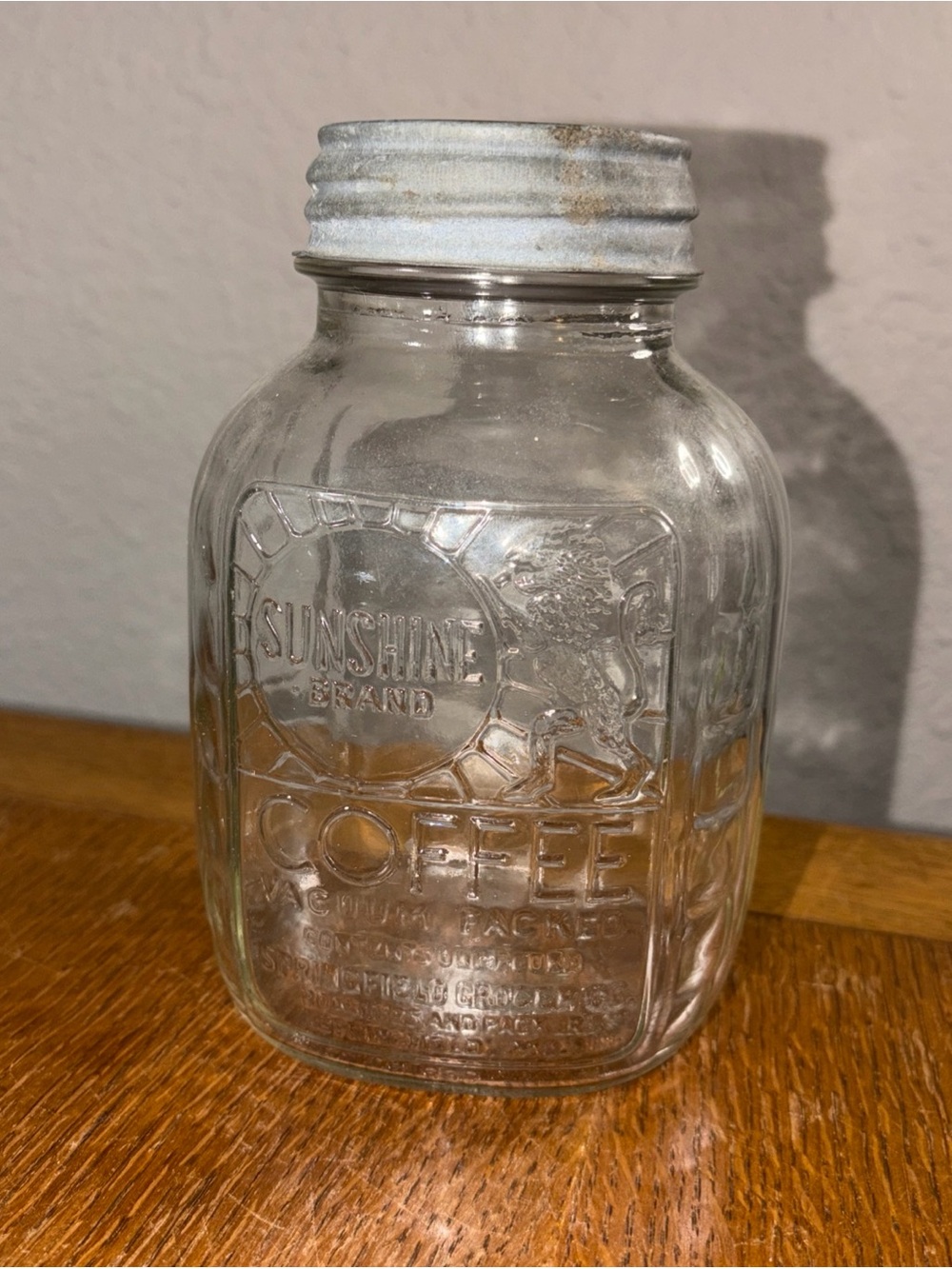 Vtg Sunshine Brand Glass Coffee Jar w/Zinc Lid Country Store Advertising